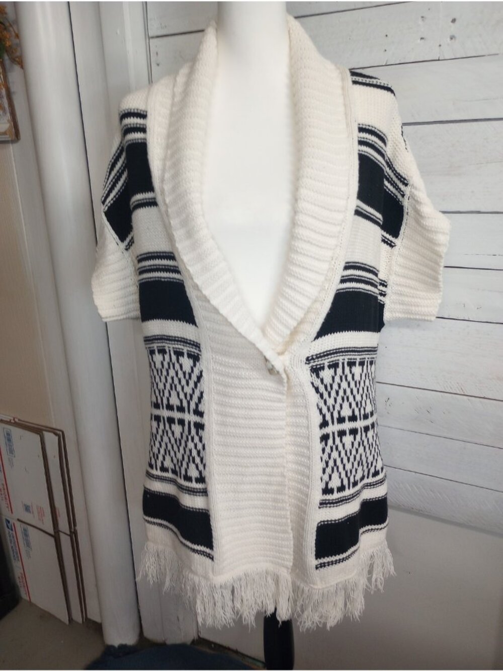 Route 66 Womens Black & White Fringe Toggle Knitted Cardigan Sweater Size XL